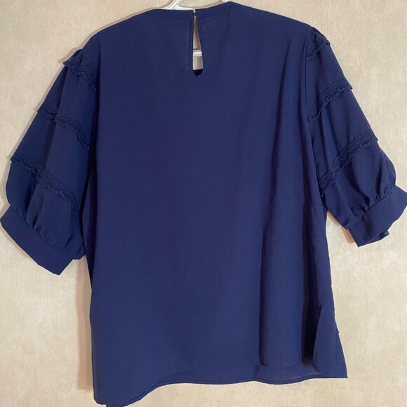 2- Womens 2X Navy Blue Layered Ruffle Chiffon Overlay Top & Lace Stripe Blouse - Picture 9 of 12